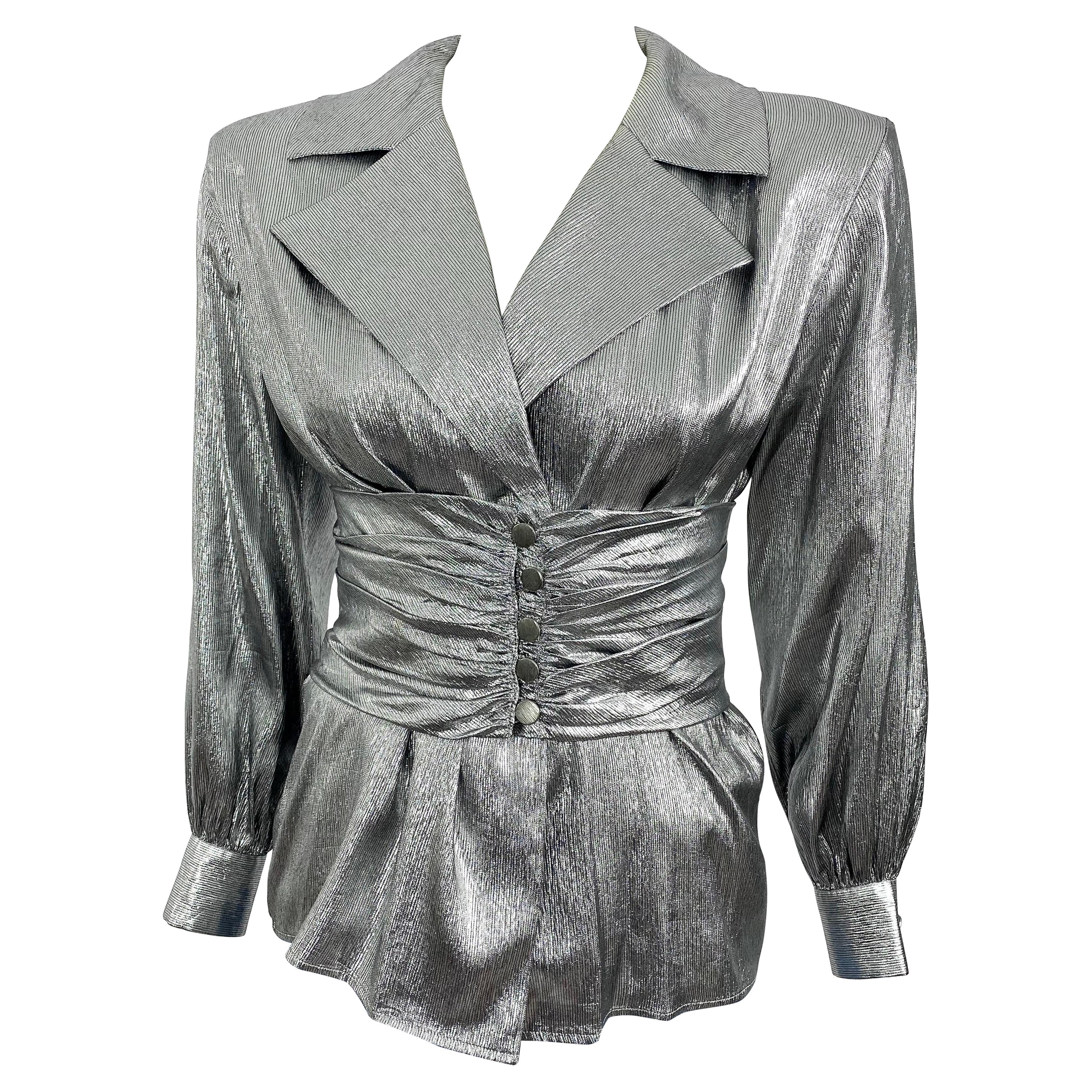 Vintage Yves Saint Laurent metallic silver blouse with wide pleated belt YSL For Sale