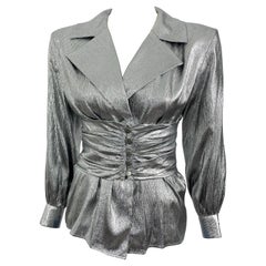 Vintage Yves Saint Laurent metallic silver blouse with wide pleated belt YSL