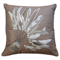 Used Exceptional Hermès Cushion Pillow Brazil Feathers Pattern Silk Coton Embroidered