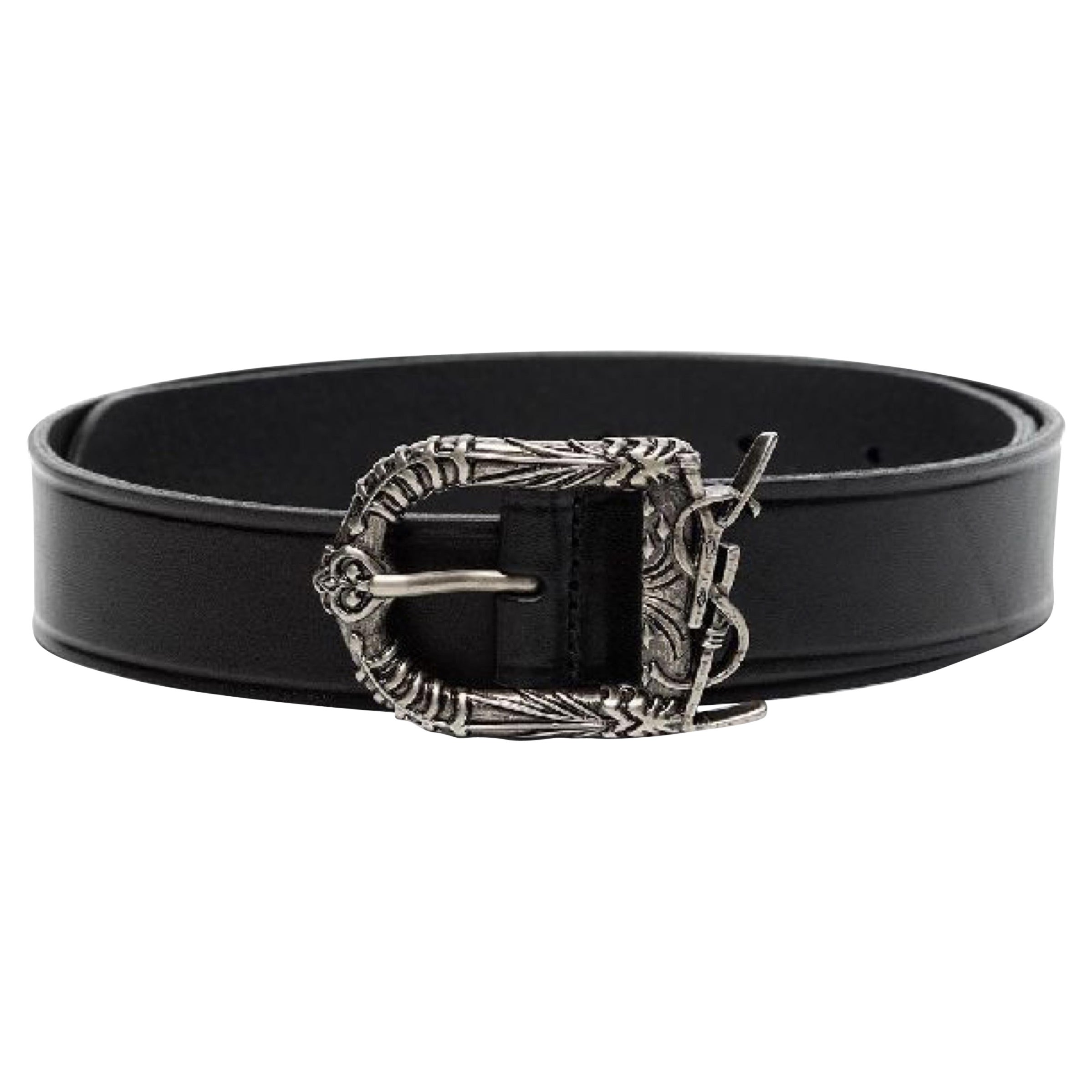 NEW Saint Laurent Black Decorative Buckle Leather Belt Size 38 US 95 EU For Sale