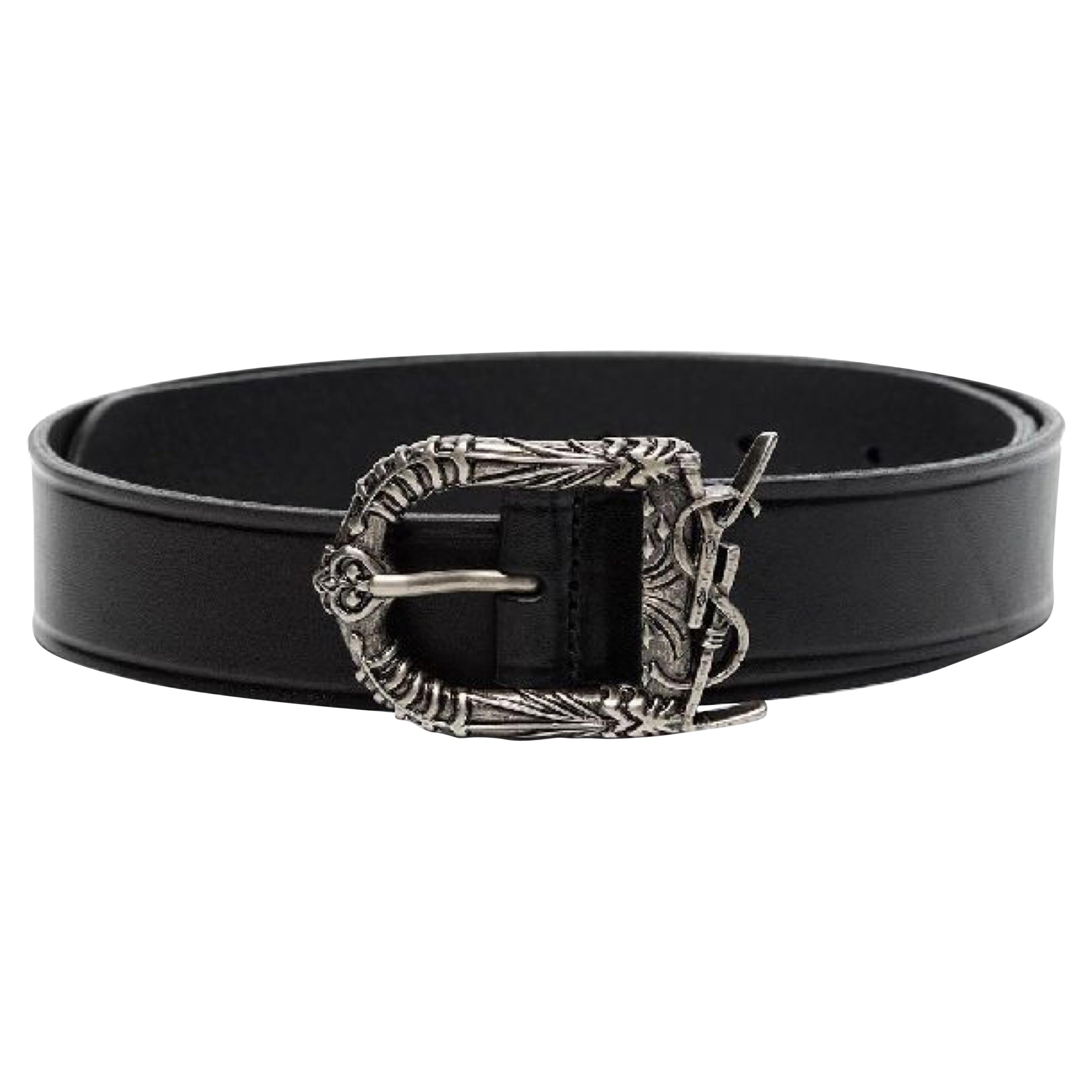 NEW Saint Laurent Black Decorative Buckle Leather Belt Size 34 US 85 EU For Sale