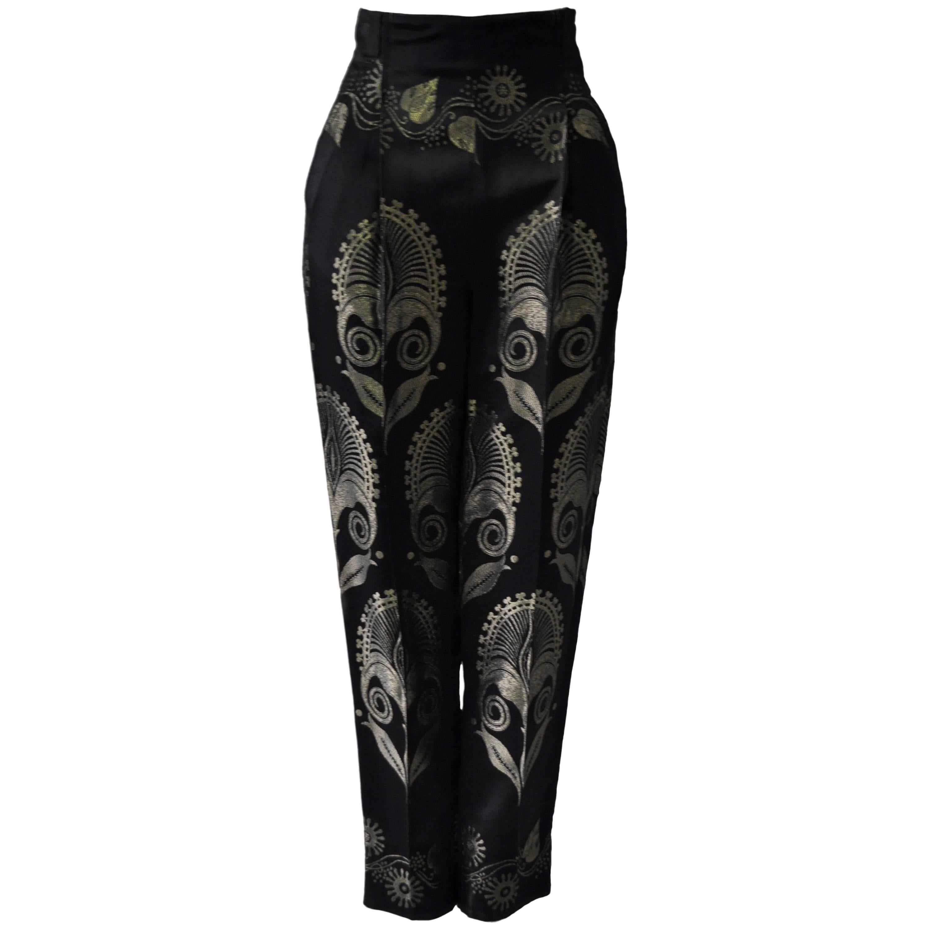 Exquisite Gianni Versace Gold Lame Embroidered Black Silk Pants For Sale
