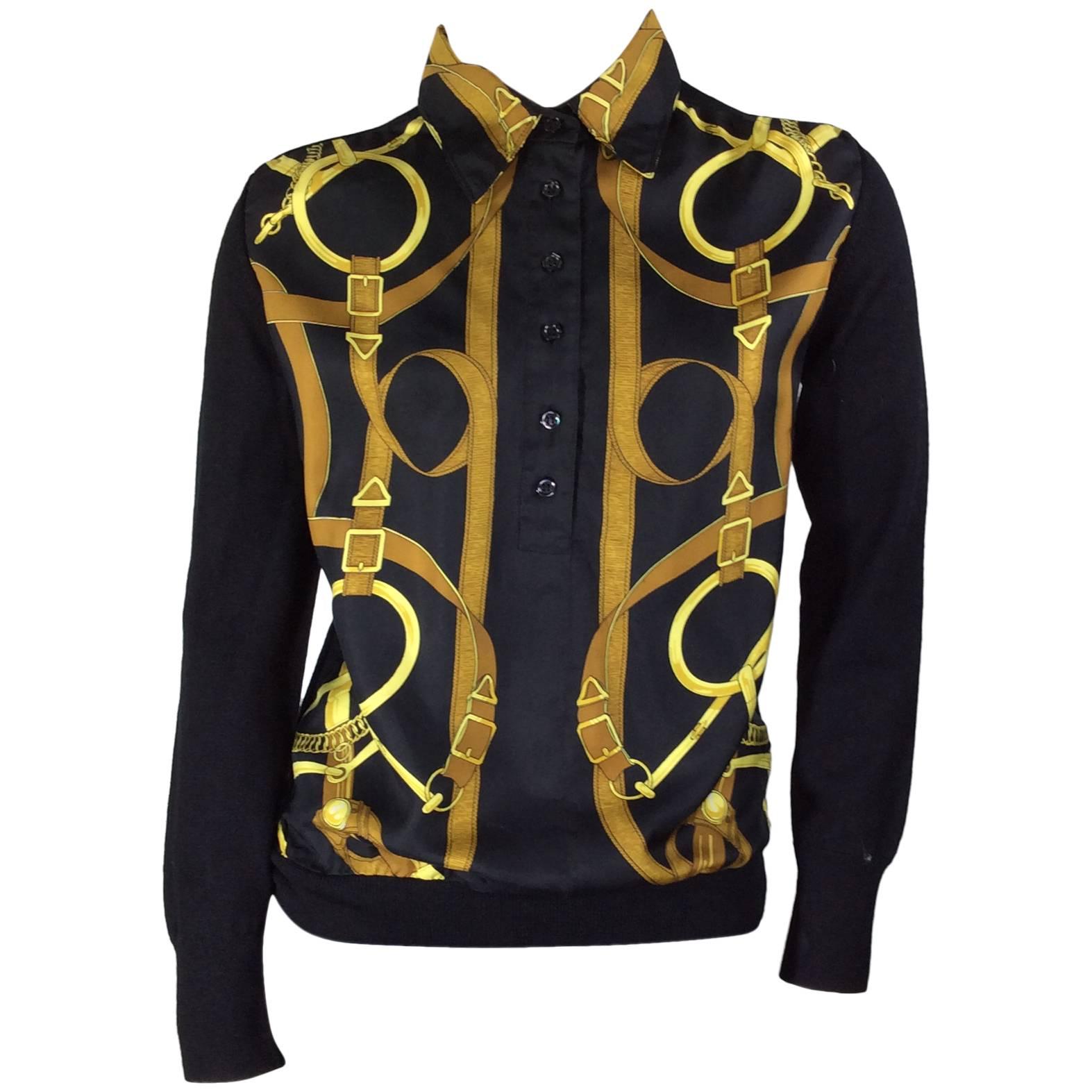 Hermes Black and Yellow Bridle Printed Button Up Blouse