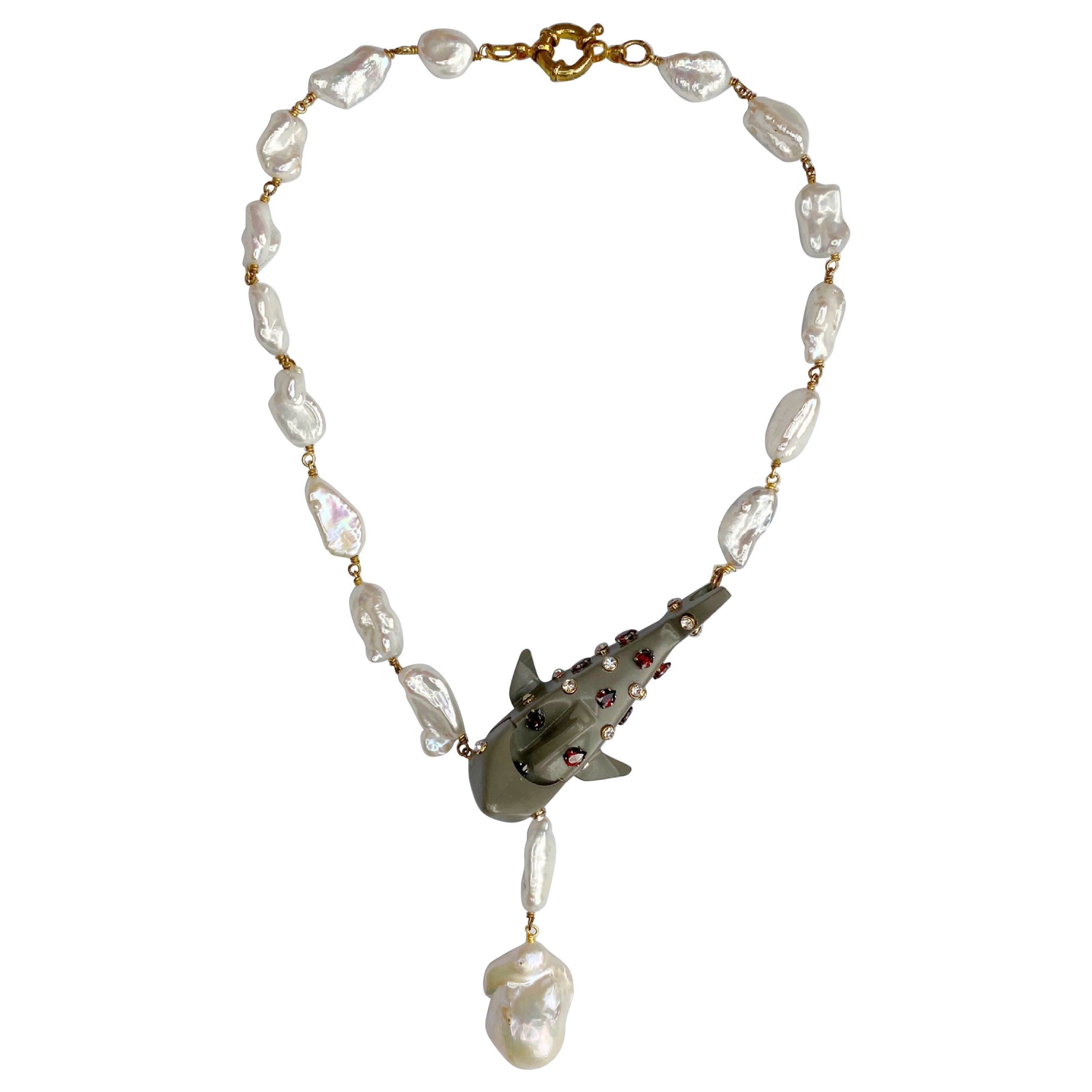 Barroque pearl, crystal, gemstone and LEGO shark necklace by Sebastian Jaramillo