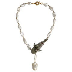 Vintage Barroque pearl, crystal, gemstone and LEGO shark necklace by Sebastian Jaramillo