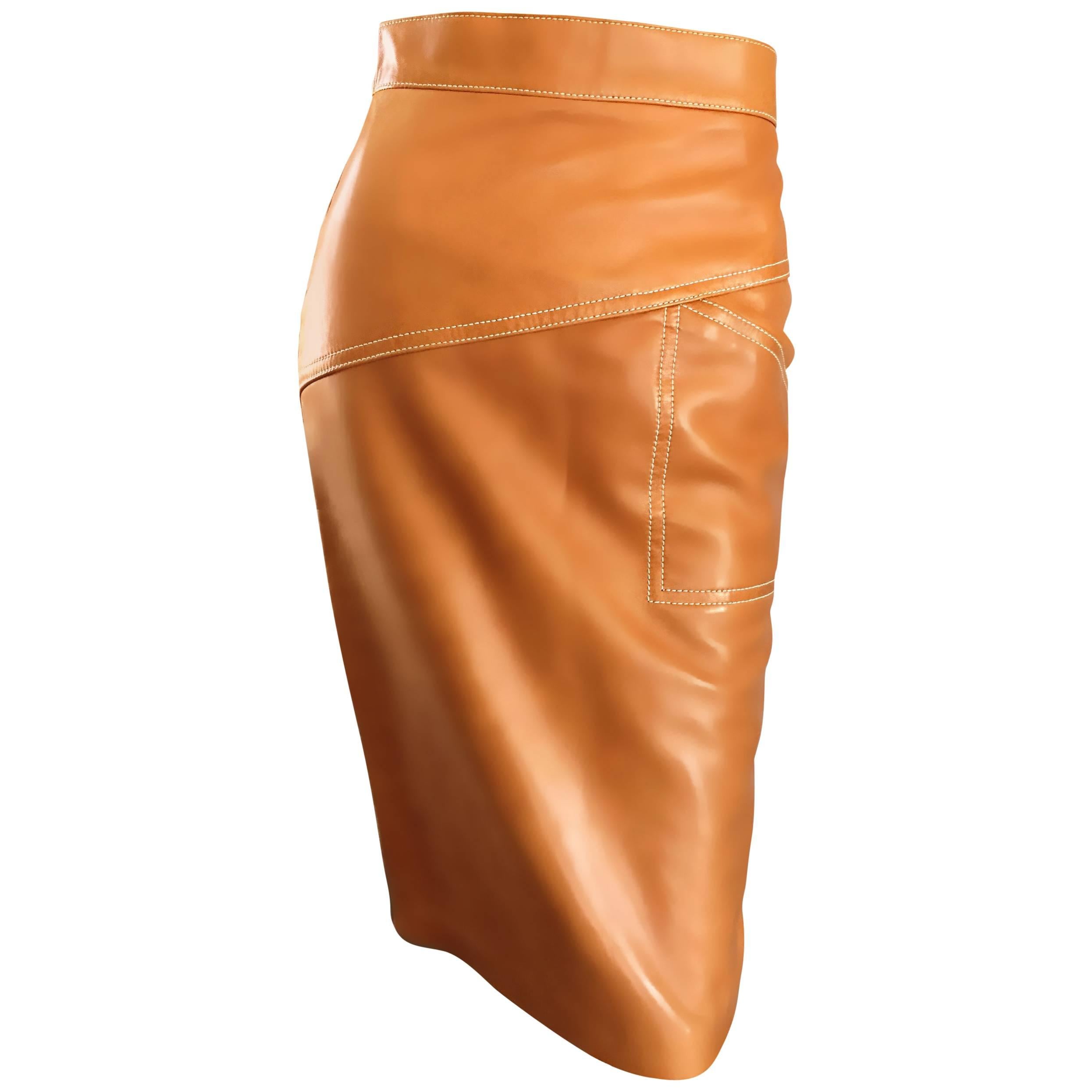 ESCADA  Margaretha Ley Vintage High Waist Leather Saddle Cognac Tan Pencil Skirt