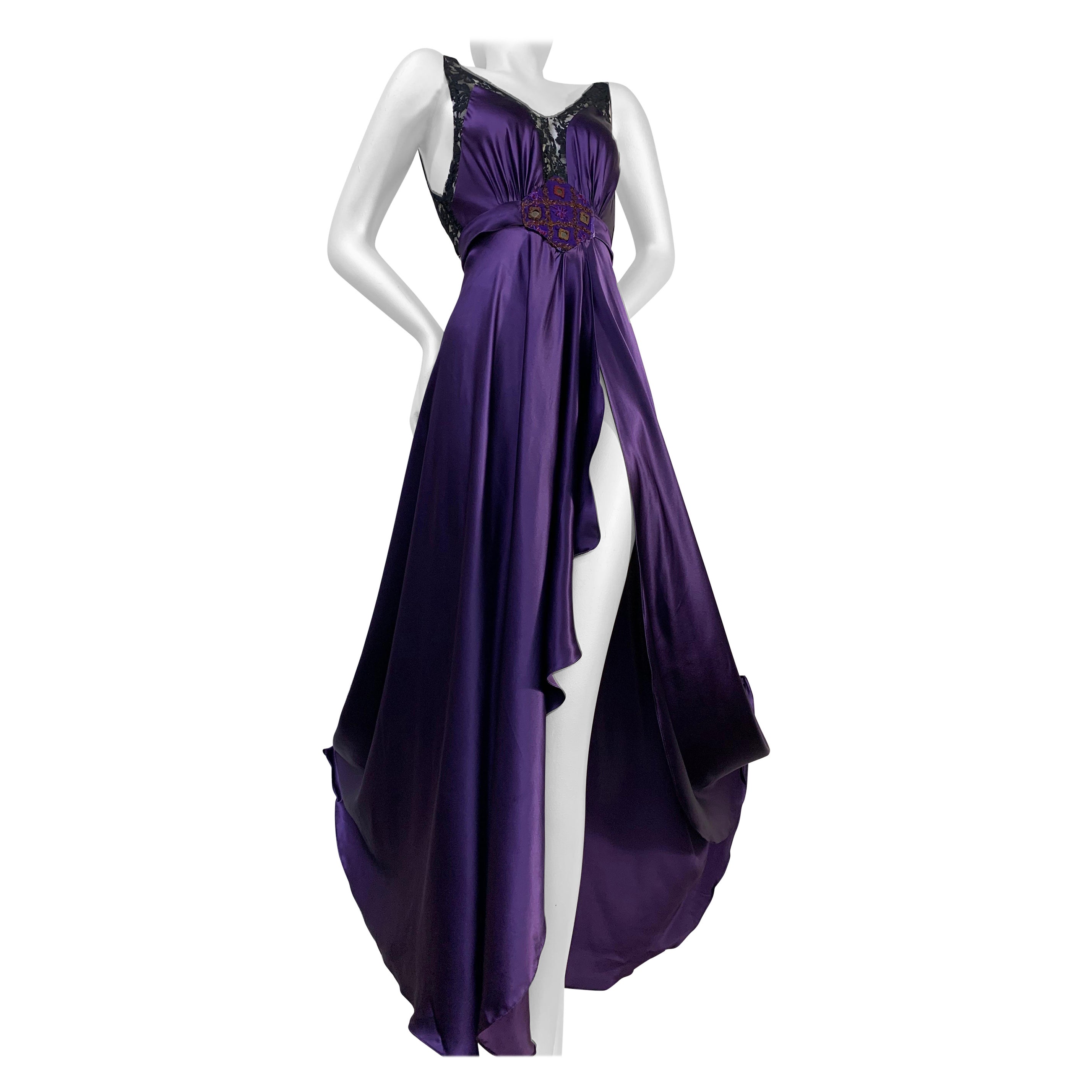 Torso Creations Royal Silk Slip Dress w Hi-Low Hem & Lace Inset & Mirror Details For Sale