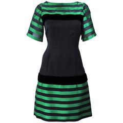 PIERRE BALMAIN HAUTE COUTURE Green & Black Sheer Stripe Dress with Velvet Size 6