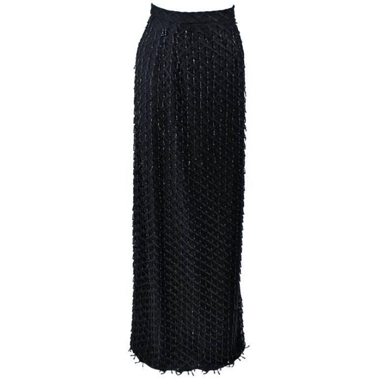1960's Black Full Length Evening Skirt with Fringe Beading Size 12 14
