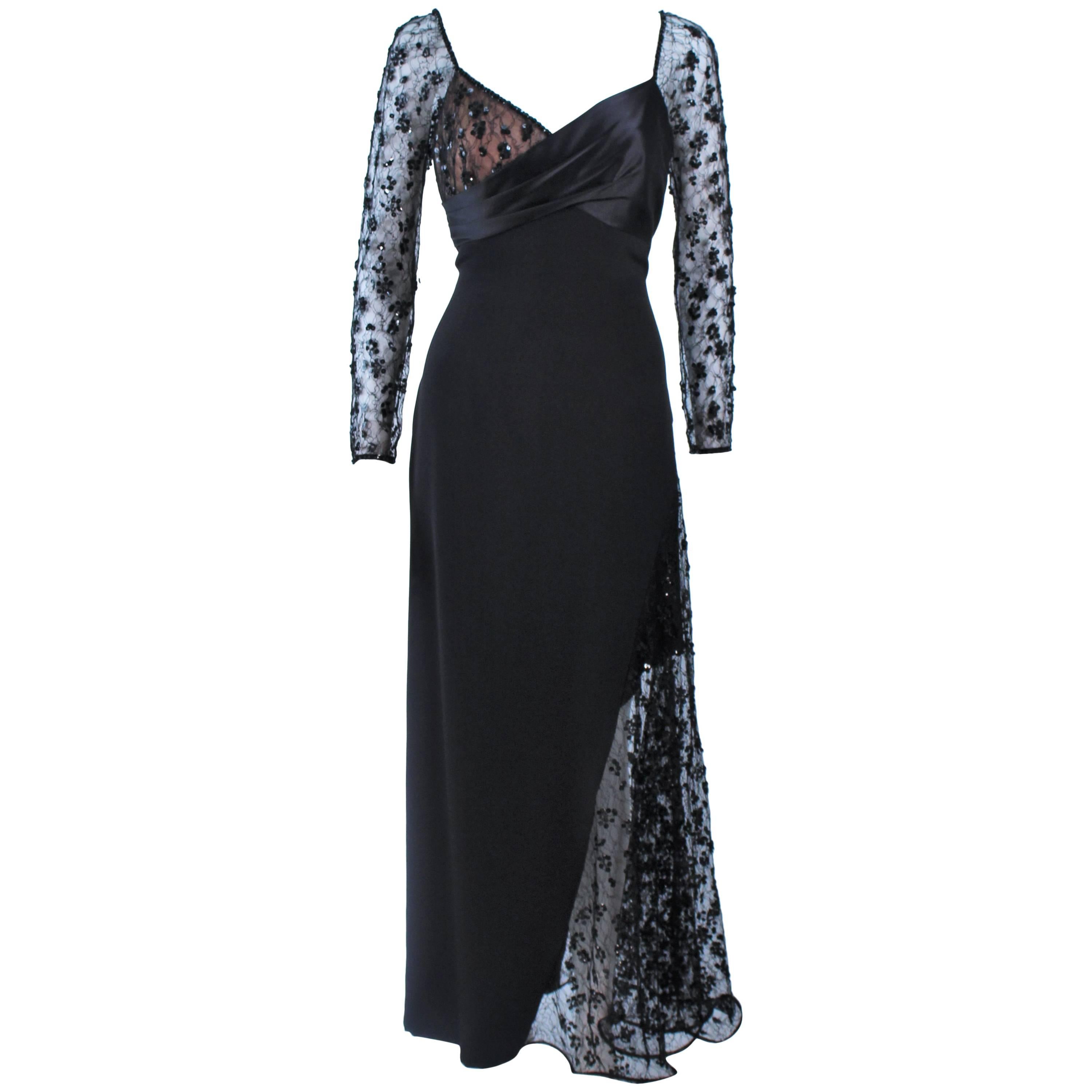 TRAVILLA Black Silk Gown with Bead Lace Size 8
