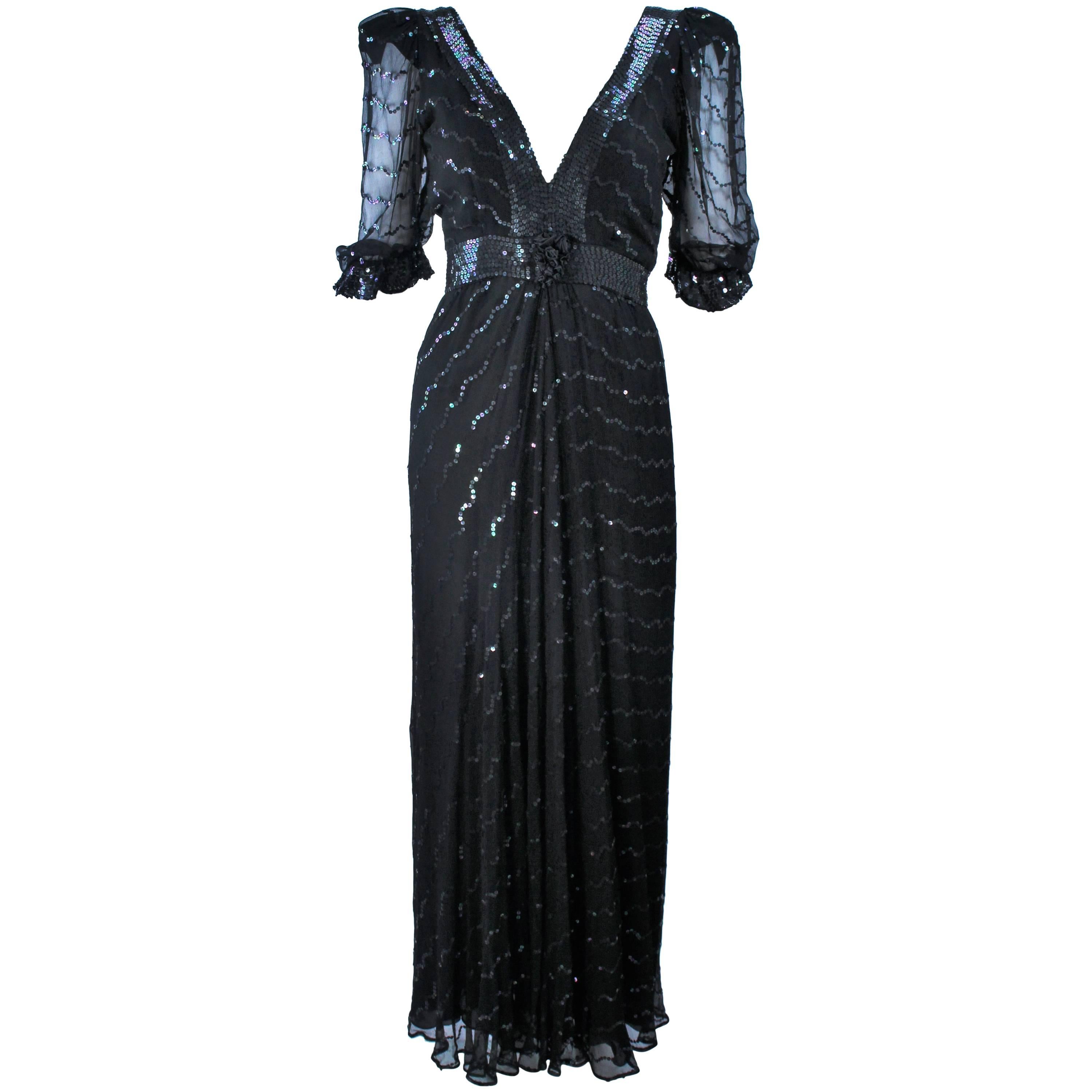 1970's VINTAGE Black Silk Chiffon Gown with Iridescent Sequins Size 4 6 For Sale