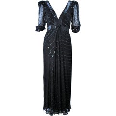 1970's VINTAGE Black Silk Chiffon Gown with Iridescent Sequins Size 4 6