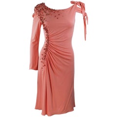 Vintage MARK ZUNINO Coral Jersey Cocktail Dress with Coral Beading Applique Size 6 8