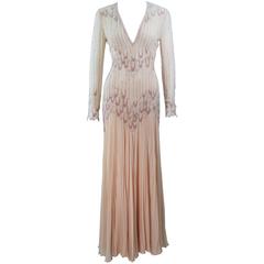 BALESTRA Nude Chiffon Gown with Beaded Design Size 6 8 12