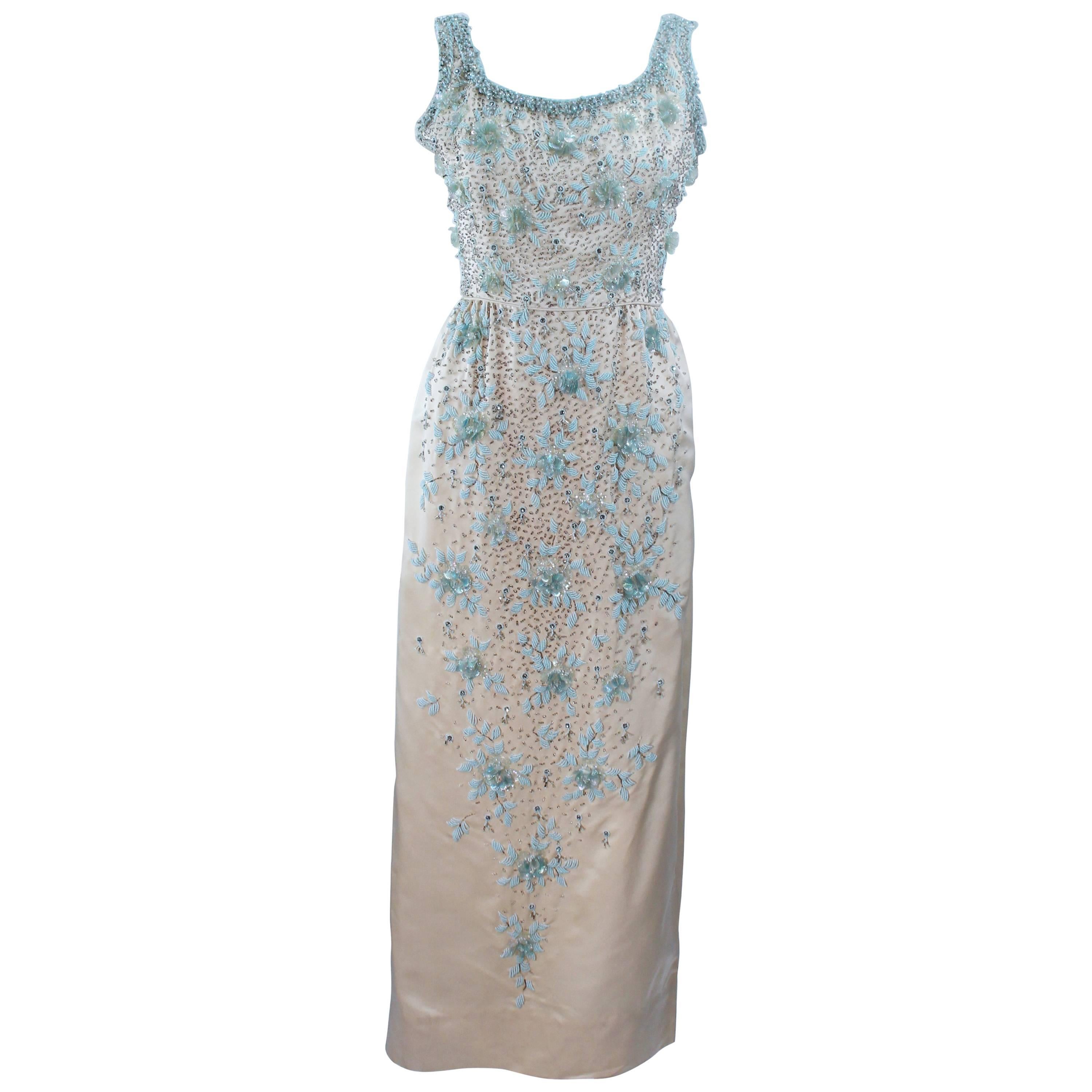 1950's Creme Silk and Blue Floral Relief Beaded Gown Size 6 8 For Sale