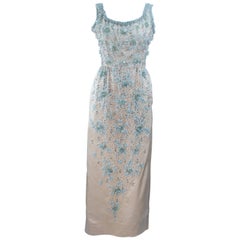 1950's Creme Silk and Blue Floral Relief Beaded Gown Size 6 8