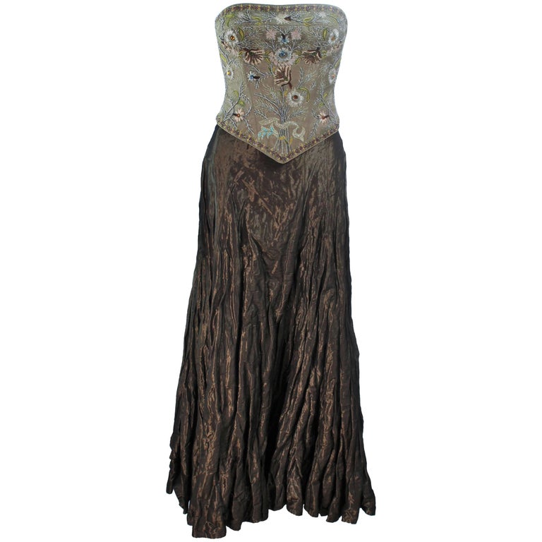 LES HABITUDES KAAT TILLEY Beaded Olive Bustier Corset and Crinkle Skirt ...