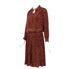 Céline vintage 1970s 100% silk printed matching blouse & skirt ensemble.