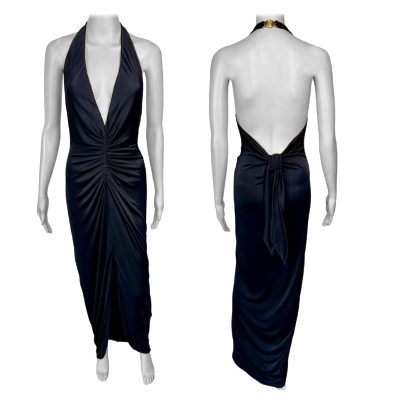 Versace F/S 2005 Laufsteg Tief ausgeschnittenes Hi-Low gerafftes Abendkleid mit offenem Rückenausschnitt im Angebot