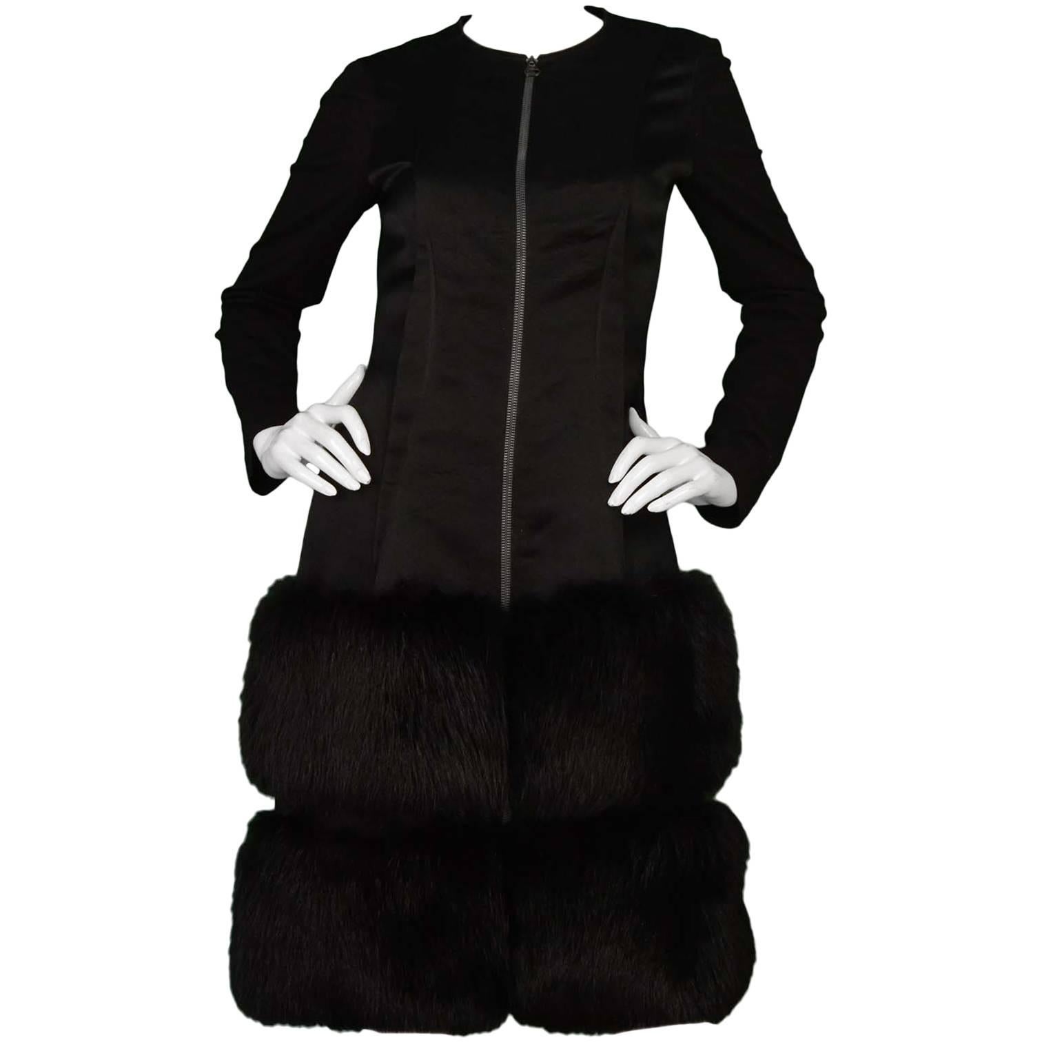 Lanvin Black Silk and Fox Trim Coat Dress Sz 38