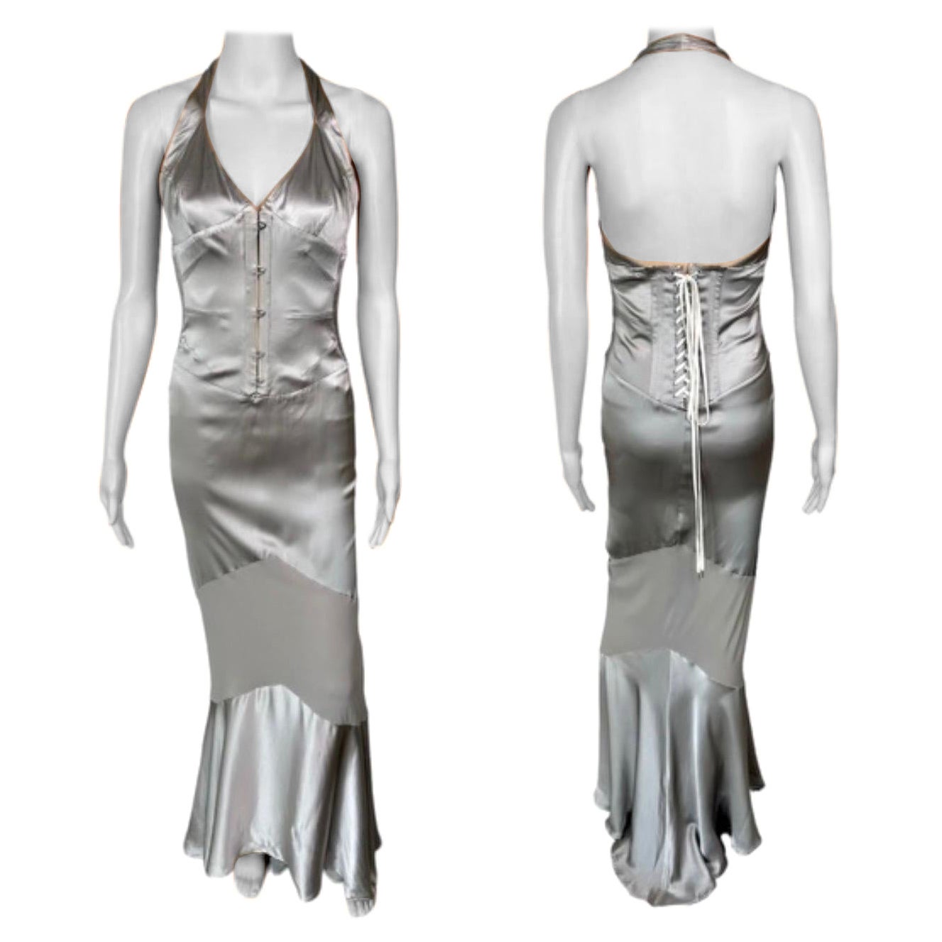 Roberto Cavalli S/S 2003 Corset Plunged Décolleté Silver Evening Dress Gown  For Sale