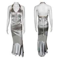 Roberto Cavalli S/S 2003 Corset Plunged Décolleté Silver Evening Dress Gown