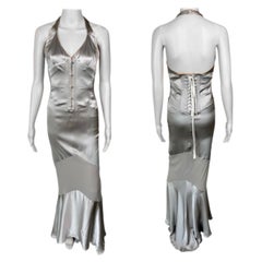 Roberto Cavalli S/S 2003 Corset Plunged Décolleté Silver Evening Dress Gown 