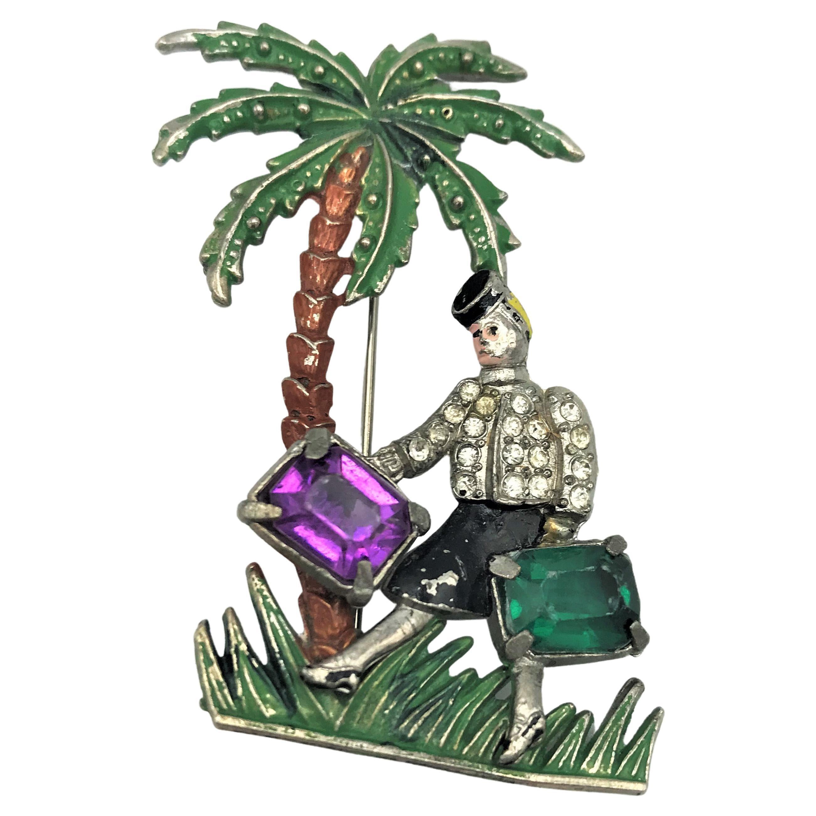 Rare Baumann Massa suitcase lady under palmtree brooch, vintage 1930 USA For Sale