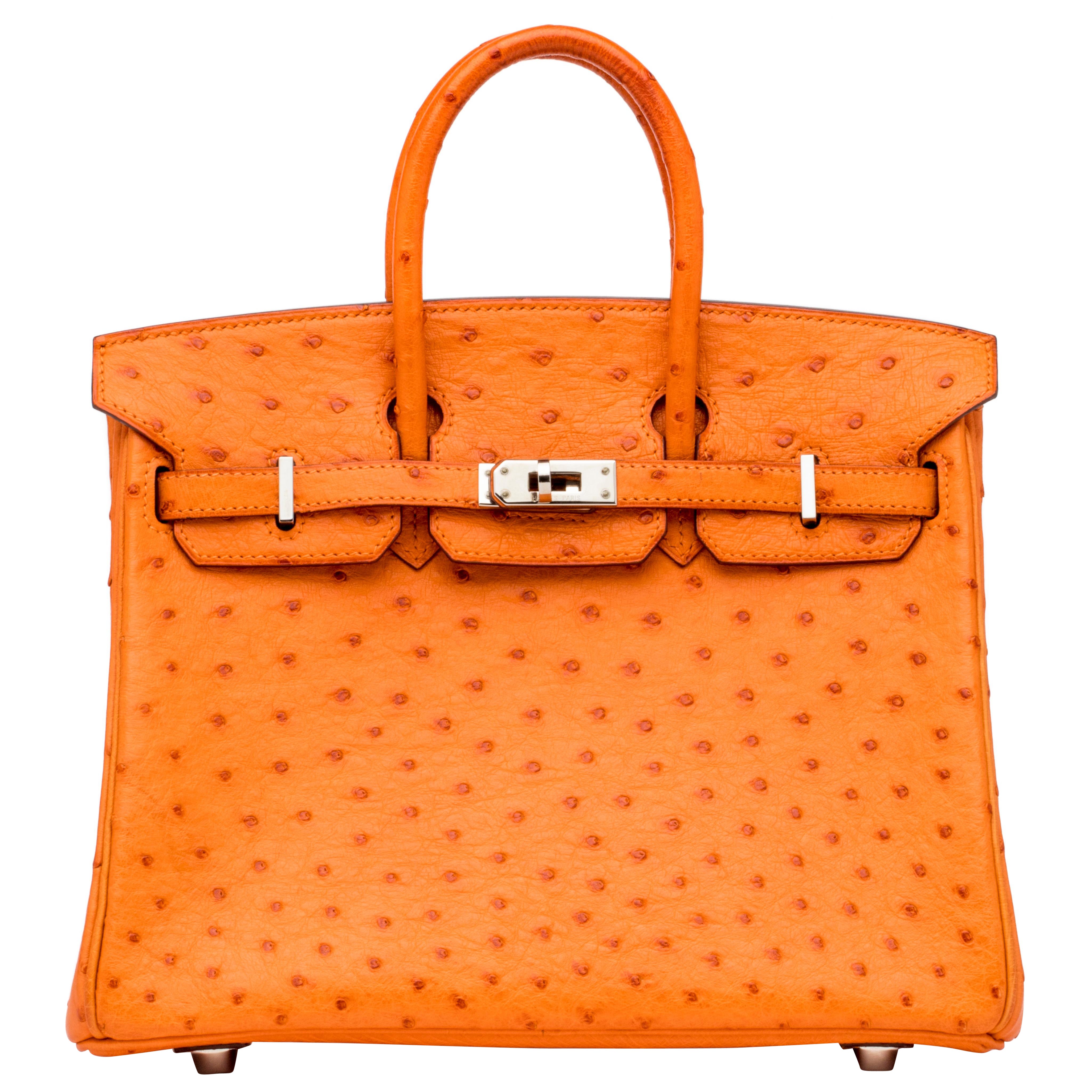 Hermès - Sac Birkin 25 cm en autruche mandarine