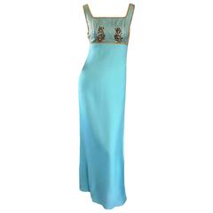 SYLVIA ANN 1960s Aqua Light Blue Teal + Gold Rhinestone + Pearl Gown Maxi Dress 11