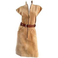 YSL Yves Saint Laurent Rive Gauche 1960s Vintage Leather Suede Tan Belted Dress