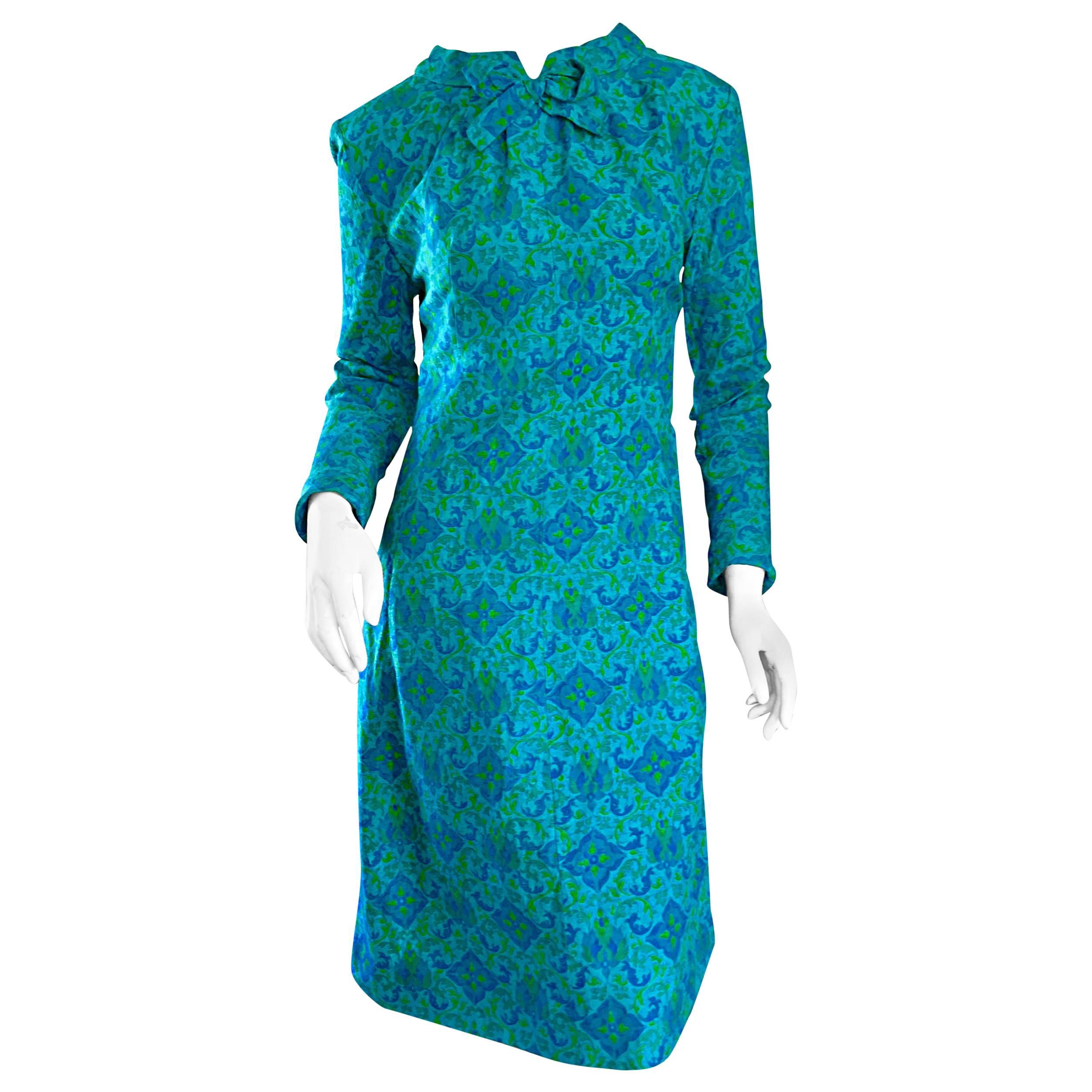 Vintage Yen Yen of Malaya 1960s Teal Blue + Green Long Sleeve A - Line 60s Dress