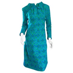 Vintage Yen Yen of Malaya 1960s Teal Blue + Green Long Sleeve A - Line 60s Dress