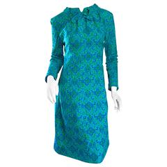 Vintage Yen Yen of Malaya 1960s Teal Blue + Green Long Sleeve A - Line 60s Dress 9