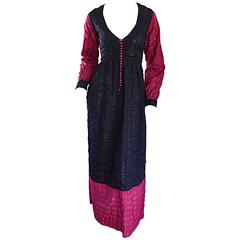 JEAN MUIR Vintage 1970s Raspberry + Black Textured Cotton Long Sleeve Maxi Dress