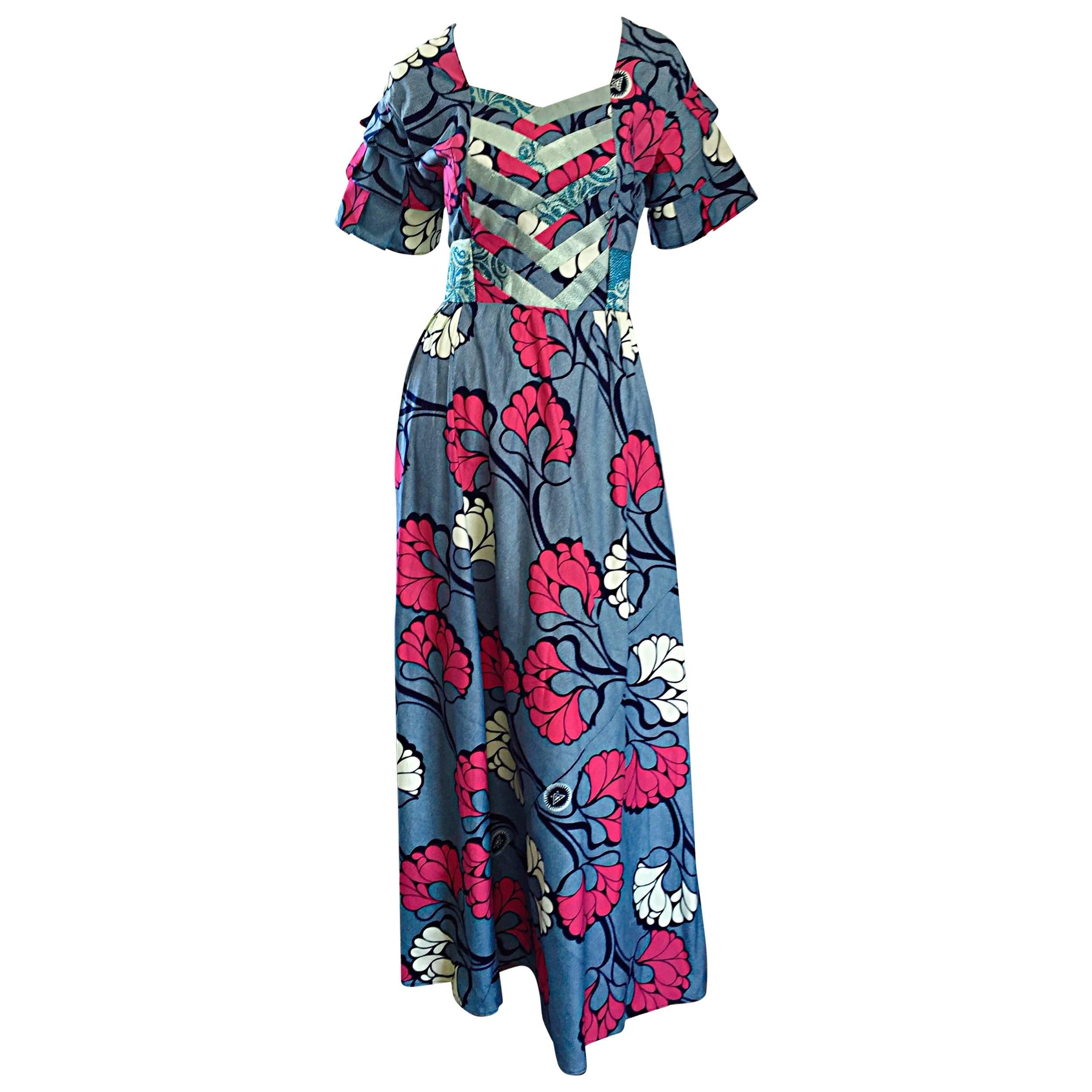 Chic 1970s Vintage Blue and Pink Cotton + Silk Brocade Belted 70s Maxi Dress  For Sale