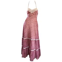 Vintage Boho 1970s Cotton Voile Raspberry Pink and Ivory Lace Halter Maxi Dress