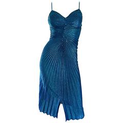 SAMIR Vintage Blue Metallic 1970s Pleated 70s Disco Slinky Sexy Dress Size XS S
