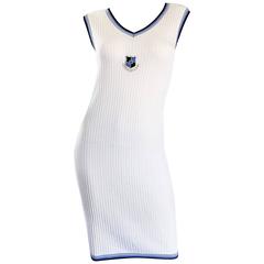 ESCADA By Margaretha Ley Vintage White and Blue Nautical Crest Sweater Dress
