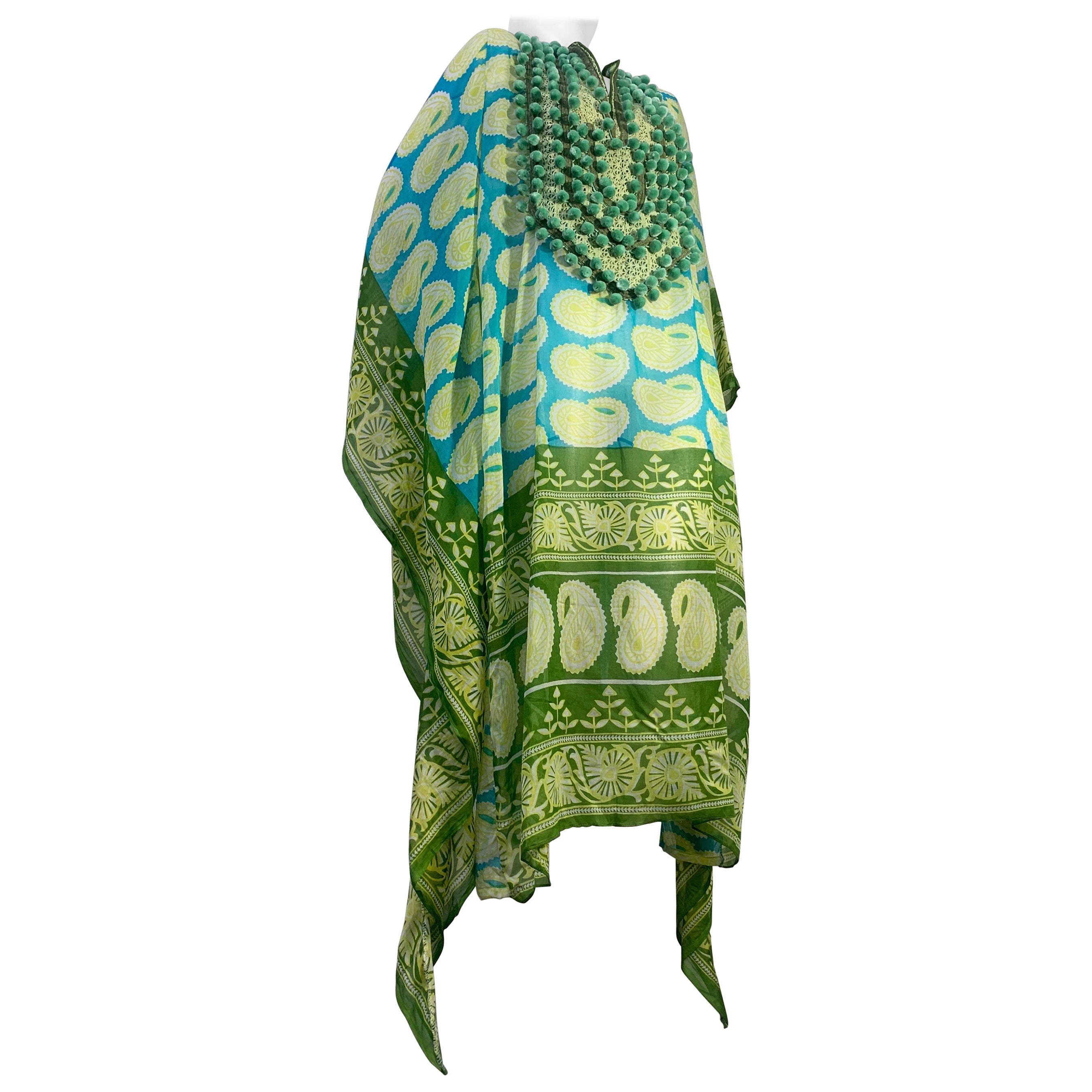 Torso Vintages Turquoise Patterned Caftan Edged in Green w Pompom Bib Front  For Sale