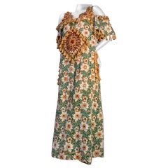 Créations - Robe en coton imprimé nénuphar avec carreaux miroir et frange à pompons
