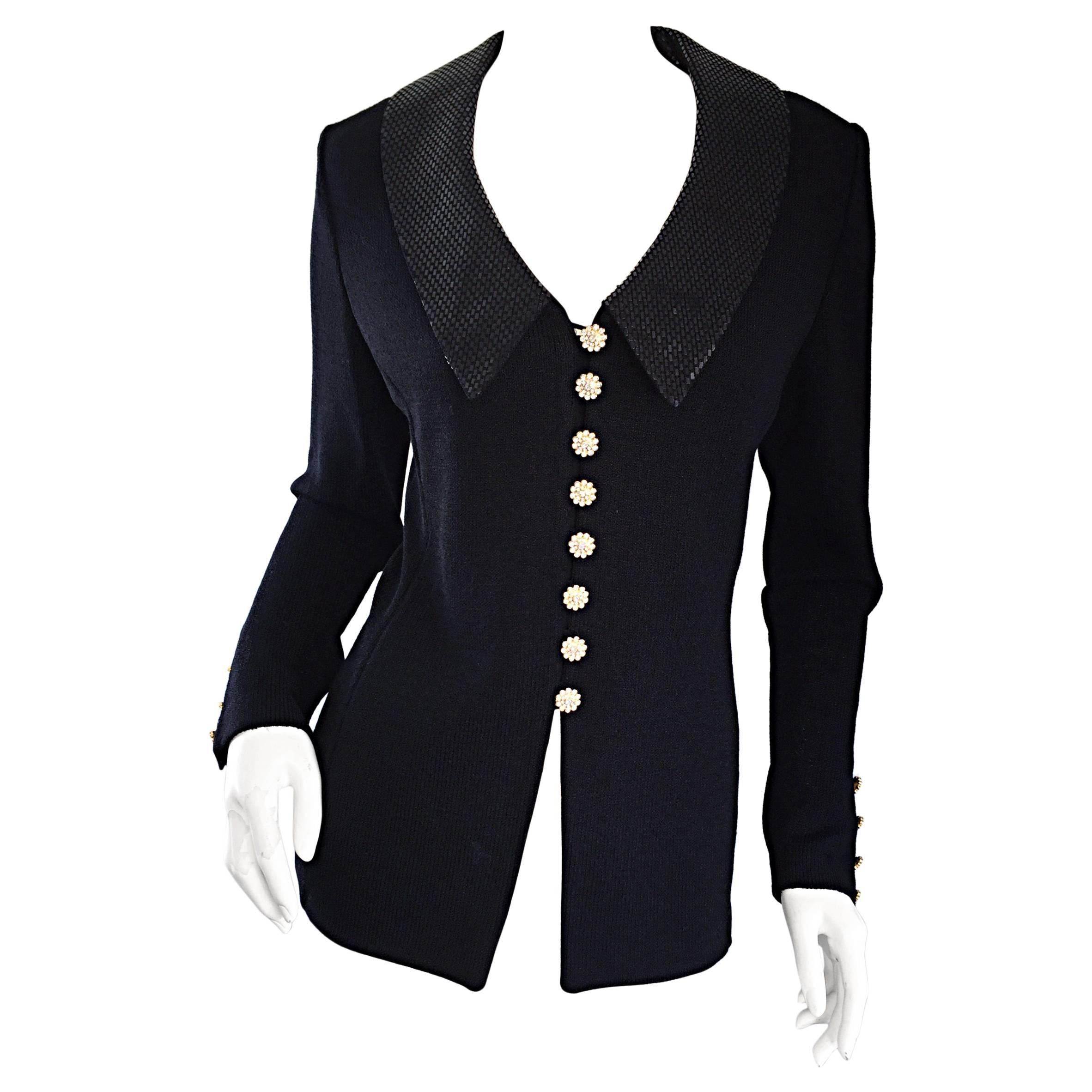 VINTAGE St John Black Evening Knit Sweater Jacket Cardigan w/ Removable Collar 6