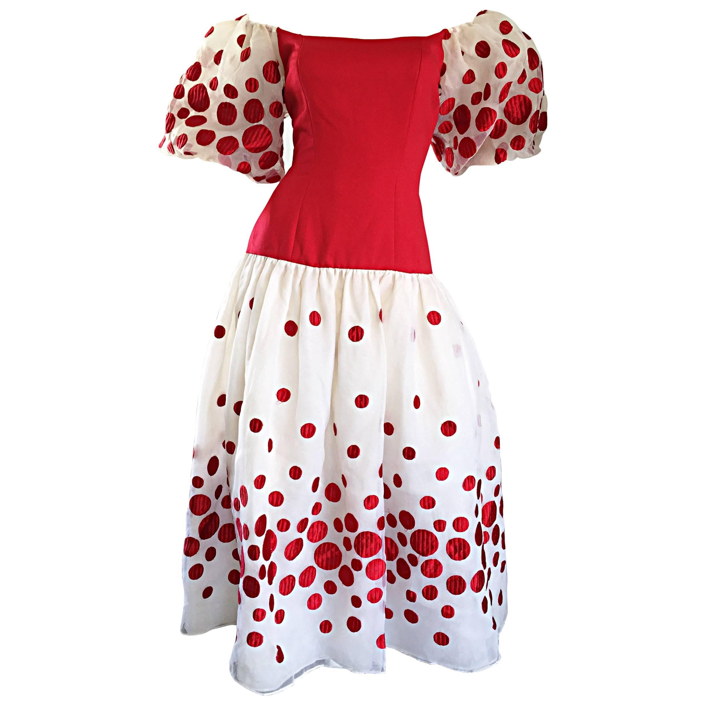 Victor Costa Vintage Red and White Polka Dot Balloon Sleeve Chiffon Dress Size 6 For Sale