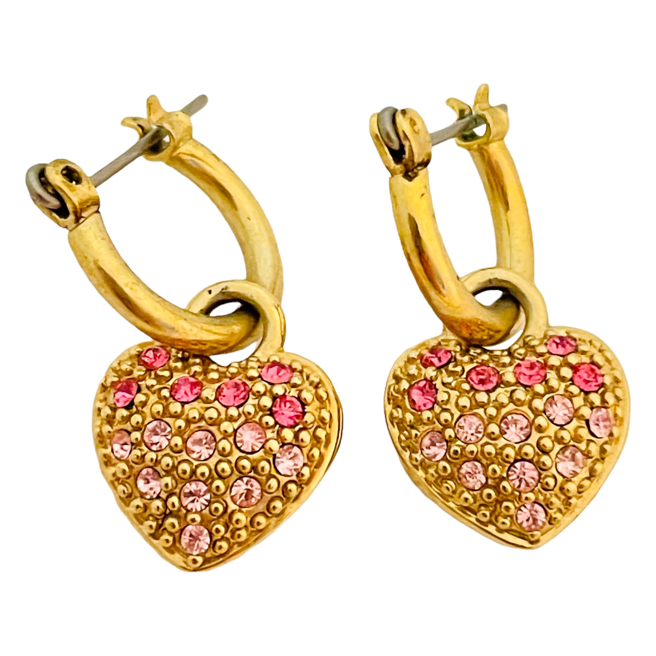 Vtg gold pink rhinestone dangle heart pierced earrings For Sale