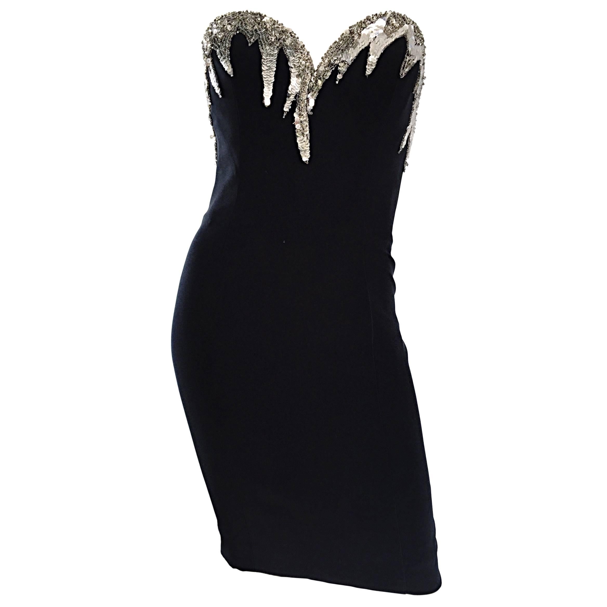 Bob Mackie Size 4 Vintage Black and Silver Sequin Bodycon Strapless Mini Dress For Sale