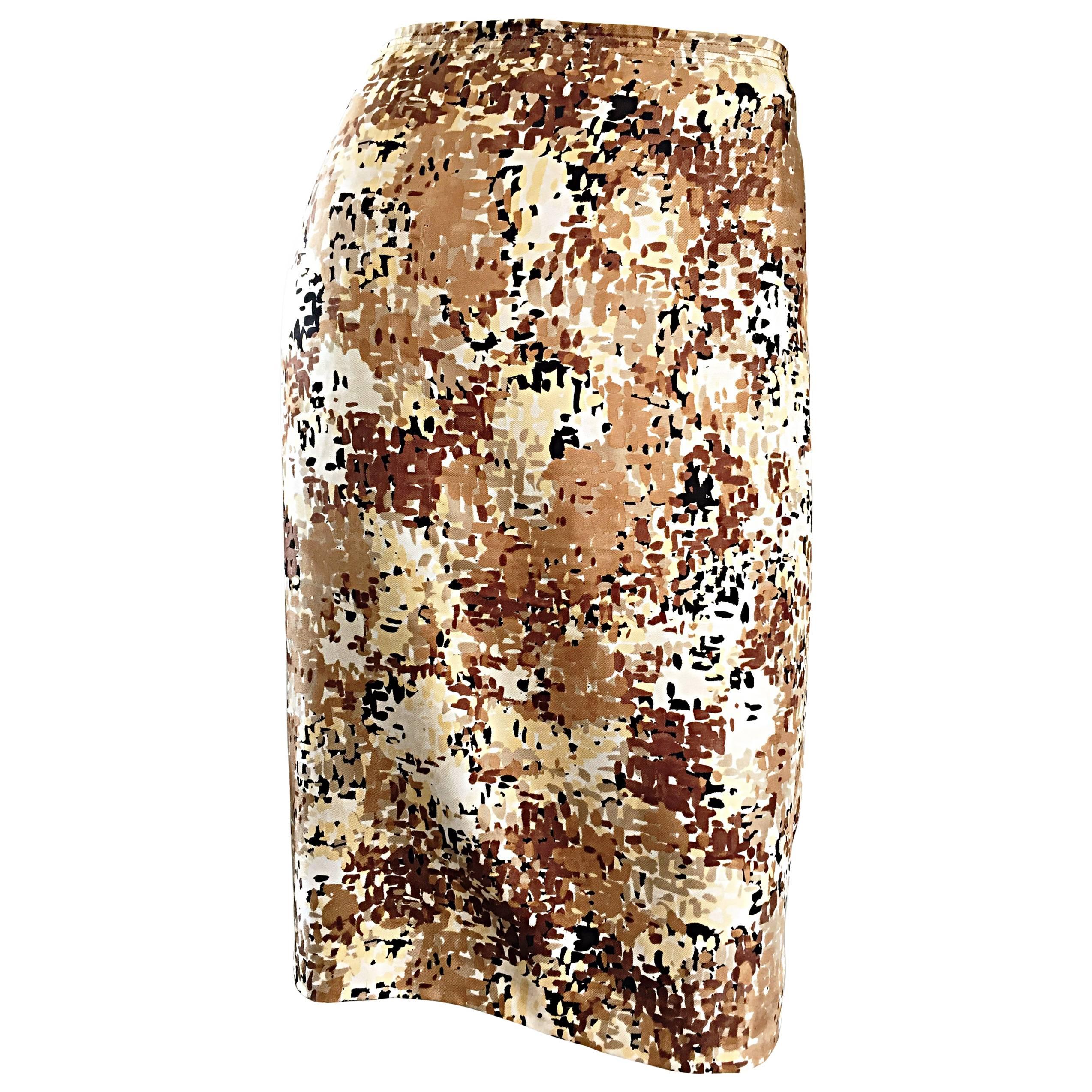 PRADA Automne 2001 Brown Cream Tan Silk Print ' Splatter ' High Waist Pencil Skirt en vente
