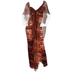 VINTAGE Diane Freis Silk Chiffon Rust + Brown Beaded Boho 1990s Dress Size 4 90s
