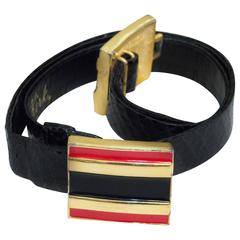 Vintage 80s Alexis Kirk Black Snakeskin Belt with Red & Black Enamel Buckle