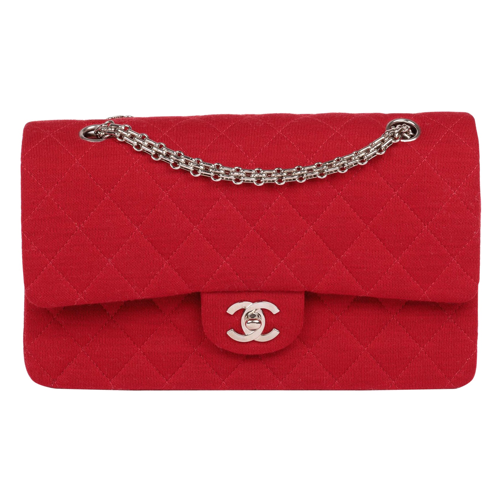 CHANEL Red Quilted Jersey Fabric Medium Classic Double Flap Bag