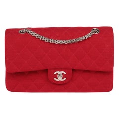 CHANEL Red Quilted Jersey Fabric Medium Classic Double Flap Bag